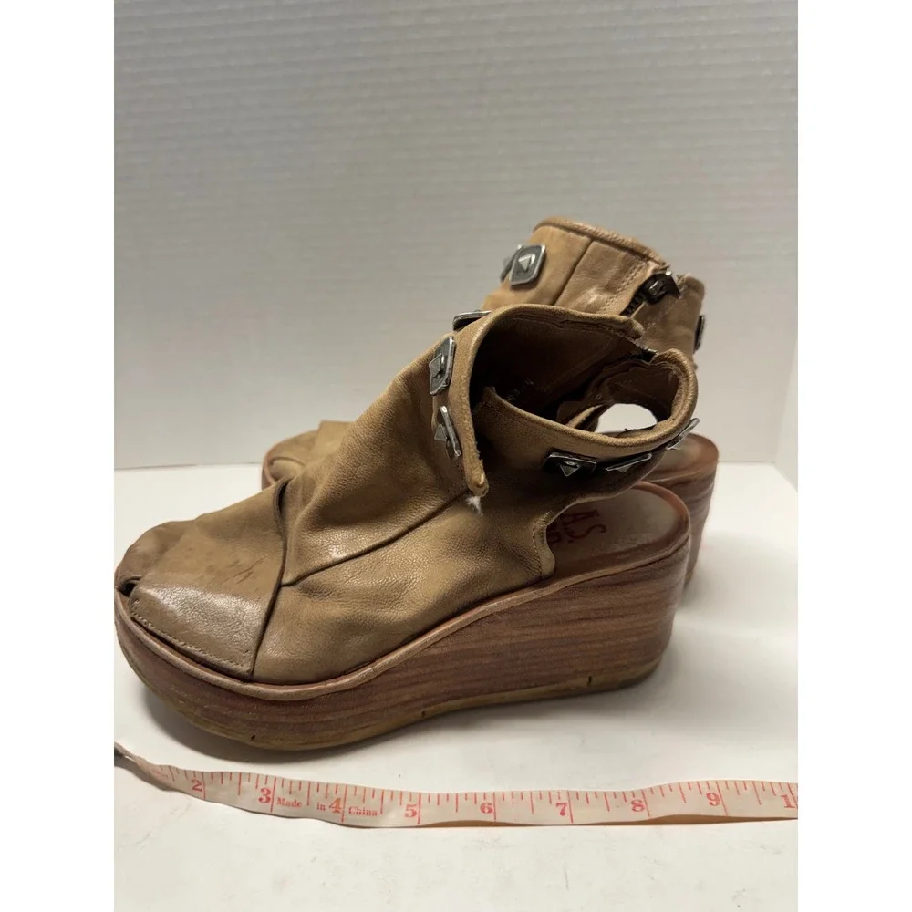 A.S. 98 Tan Leather Studded Wedge Sandals Open Toe Platform Made in Italy 36 6